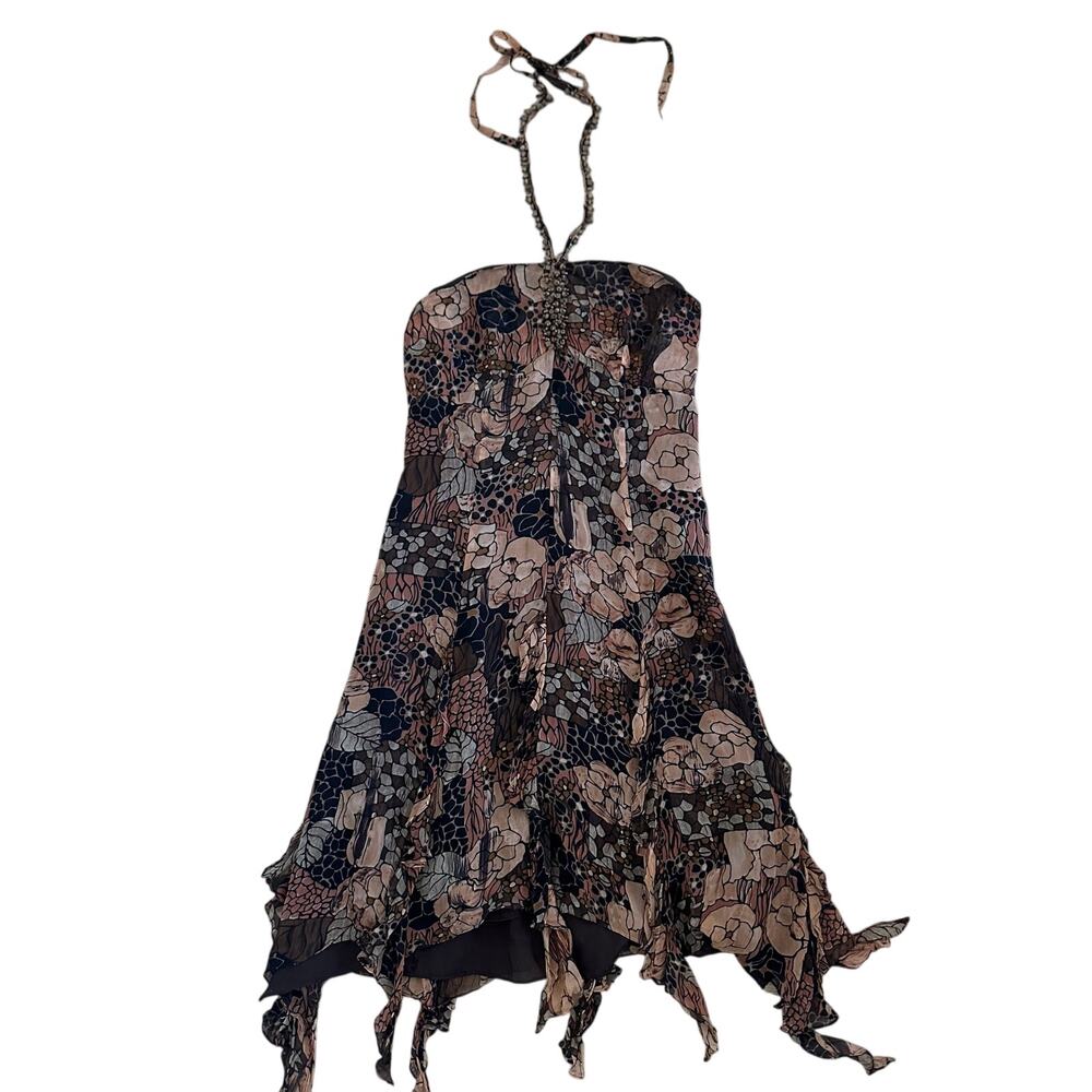 Vintage Y2K I.C.E. Floral Halter Handkerchief Hem Silk Mini Dress Brown Size 8